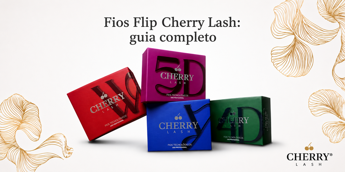 Banner da Cherry Lash com o título “Fios Flip Cherry Lash: guia completo”, exibição de quatro caixas de fios para extensão de cílios em diferentes posições sobre fundo claro com elementos decorativos dourados.