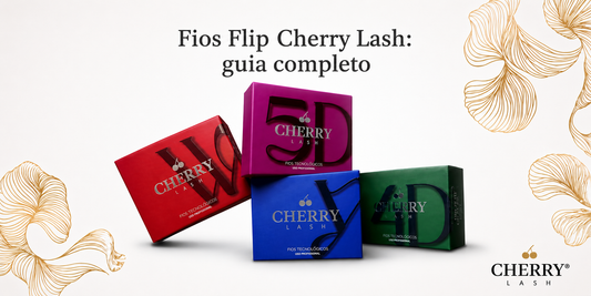 Banner da Cherry Lash com o título “Fios Flip Cherry Lash: guia completo”, exibição de quatro caixas de fios para extensão de cílios em diferentes posições sobre fundo claro com elementos decorativos dourados.
