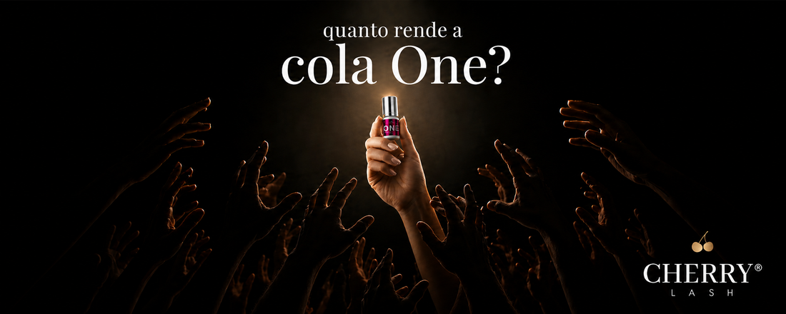 Banner da Cherry Lash com mãos apontadas para um frasco da cola One iluminado ao centro e a frase “quanto rende a cola One?”.