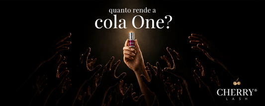 Banner da Cherry Lash com mãos apontadas para um frasco da cola One iluminado ao centro e a frase “quanto rende a cola One?”.