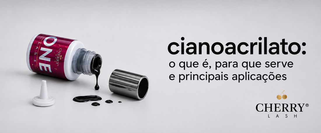 Banner da Cherry Lash sobre cianoacrilato, com frasco de cola para cílios e texto explicativo em fundo claro.