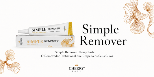 Banner elegante da Cherry Lash com o produto Simple Remover em destaque e a frase: “O Removedor Profissional que Respeita os Seus Cílios”.