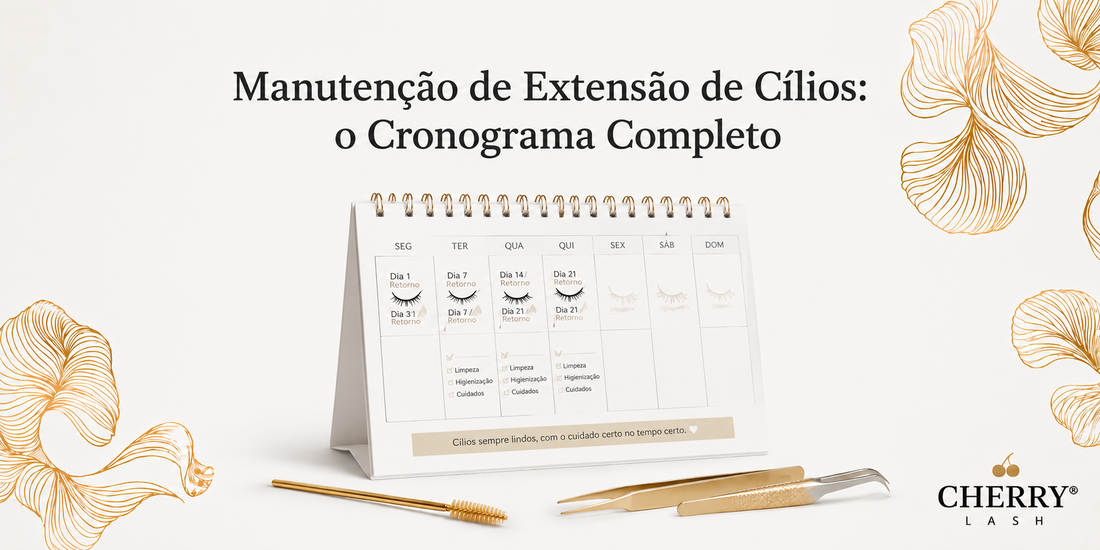 Banner Cherry Lash sobre manutenção de extensão de cílios, com calendário de cronograma de retornos, pinça e escovinha douradas.
