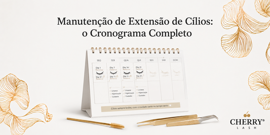 Banner Cherry Lash sobre manutenção de extensão de cílios, com calendário de cronograma de retornos, pinça e escovinha douradas.