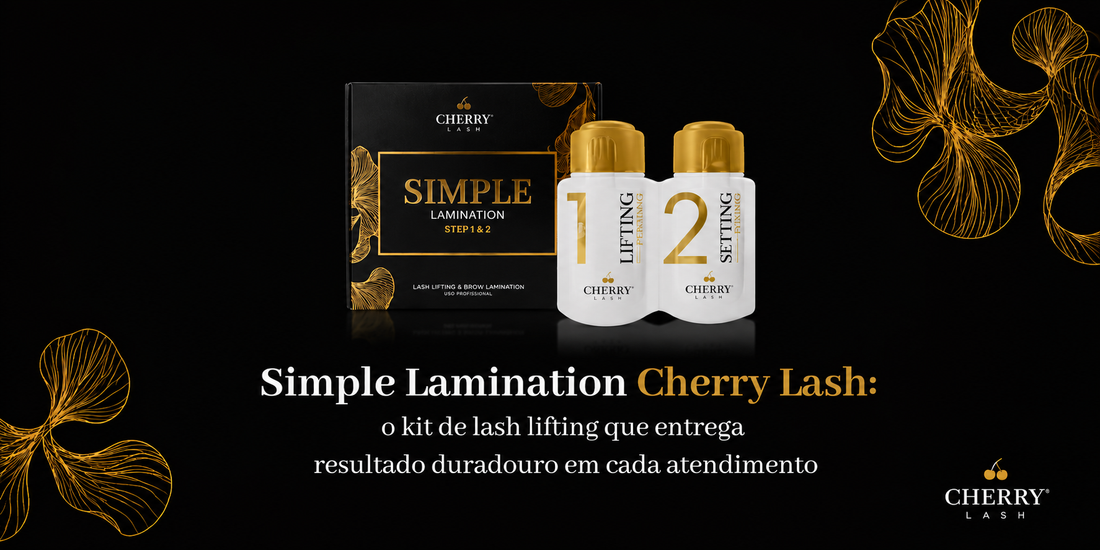 Banner preto do Simple Lamination Cherry Lash com kit de lash lifting em destaque e mensagem sobre resultado duradouro.