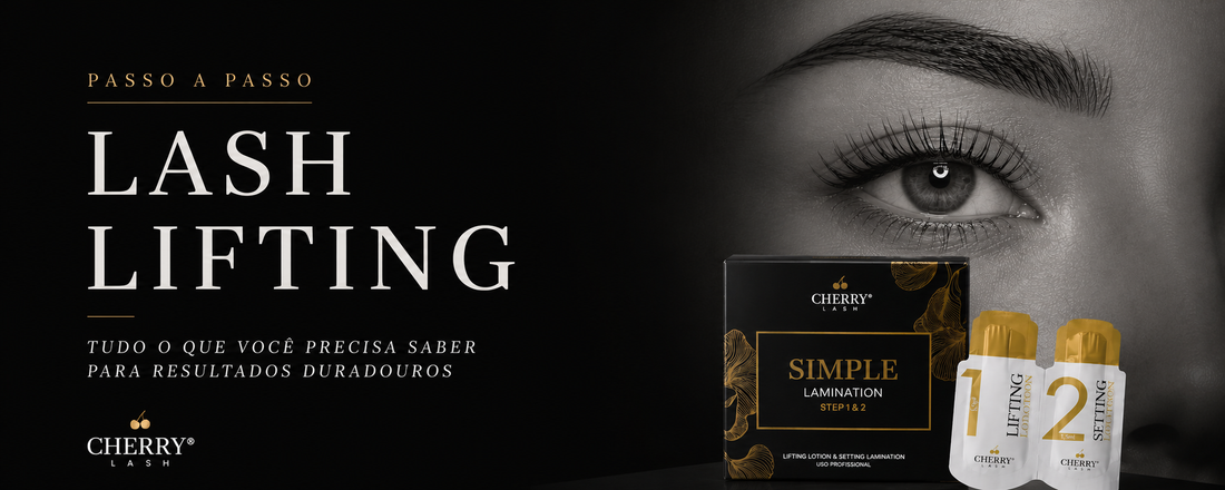 Banner passo a passo lash lifting Cherry Lash com kit Simple Lamination e cílios curvados.