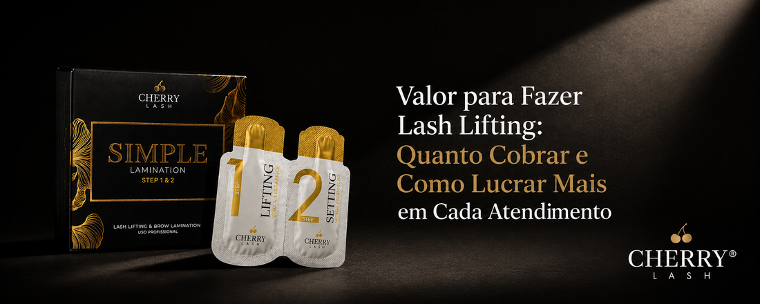 Banner sofisticado da Cherry Lash com fundo preto iluminado, destacando o kit Simple Lamination e texto elegante em branco e dourado sobre Lash Lifting.