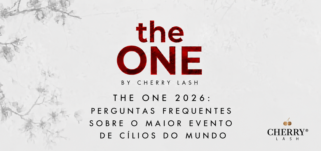 Banner do The One 2026 by Cherry Lash com o título "Perguntas Frequentes sobre o Maior Evento de Cílios do Mundo", destacando informações sobre o principal evento internacional de extensão de cílios para lash designers.
