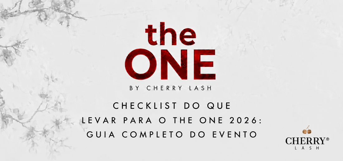 Banner do The One 2026 com o título "Checklist do que levar para o The One 2026: guia completo do evento", destacando o maior evento de extensão de cílios da Cherry Lash.