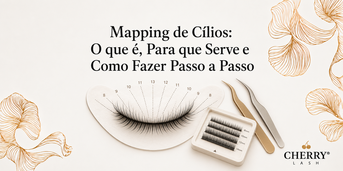 Banner da Cherry Lash sobre mapping de cílios, com mapa de extensão de cílios, pinças profissionais