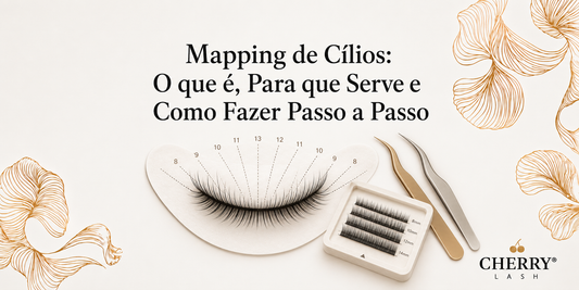 Banner da Cherry Lash sobre mapping de cílios, com mapa de extensão de cílios, pinças profissionais