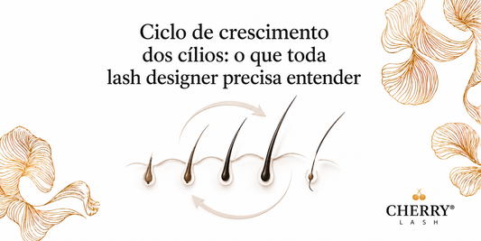 Banner da Cherry Lash sobre o ciclo de crescimento dos cílios e sua influência na aplicação e retenção das extensões de cílios.
