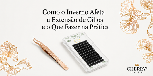 Banner sobre como o inverno afeta a extensão de cílios com pinça e bandeja de cílios Cherry Lash.
