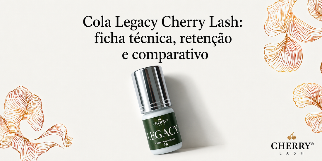 Banner da Cola Legacy Cherry Lash com ficha técnica, retenção e comparativo para extensão de cílios profissional.