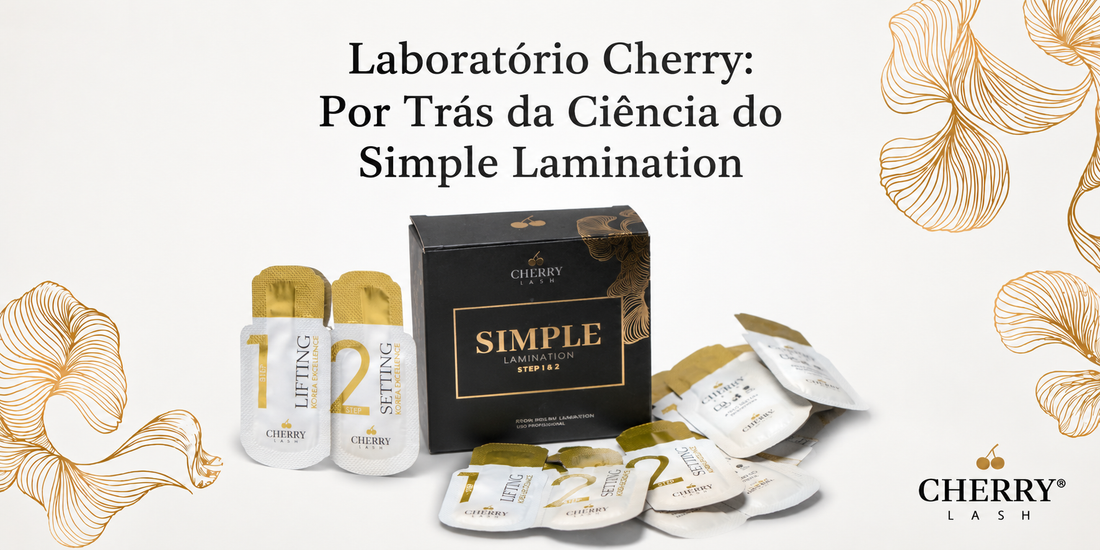 Banner da Cherry Lash sobre o Simple Lamination, explicando a ciência por trás da técnica de brow lamination profissional.