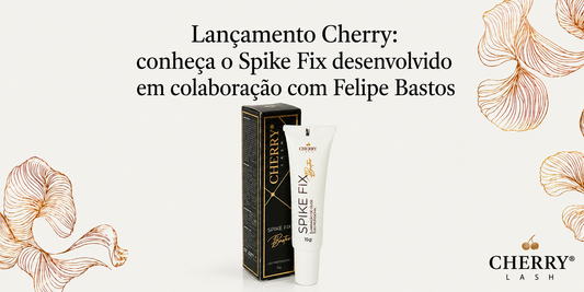 Banner de lançamento do Spike Fix Cherry Lash, desenvolvido em colaboração com Felipe Bastos, com embalagem do produto em destaque.