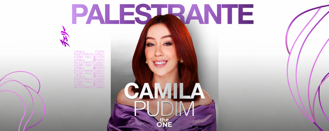 Banner do evento The One com a palestrante Camila Pudim em destaque, usando vestido roxo e fundo moderno em tons de lilás.