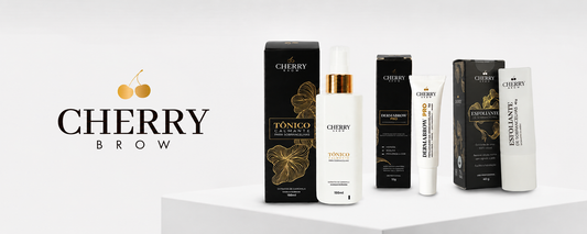Linha Cherry Brow com tônico calmante, Dermabrow Pro e esfoliante para sobrancelhas.