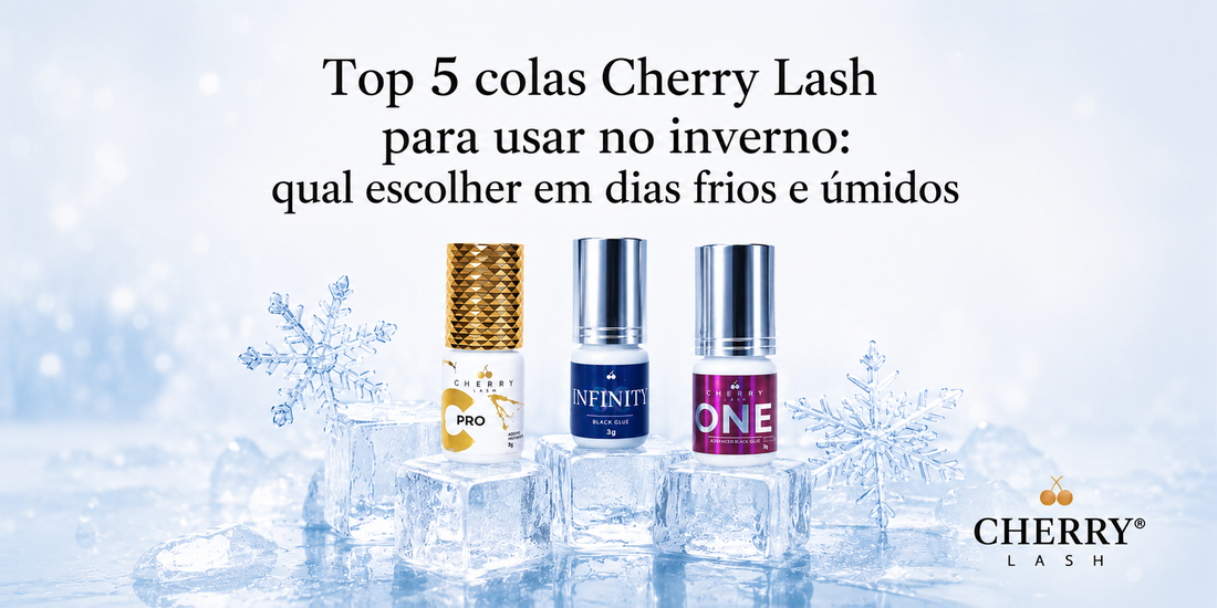 Banner da Cherry Lash com as colas Pro, Infinity e One sobre blocos de gelo, destacando as melhores opções para uso no inverno em dias frios e úmidos.