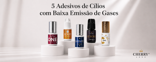 Banner com 5 adesivos de cílios de baixa emissão de gases da Cherry Lash: One, Sunny, Infinity, Aurora e Pro C.